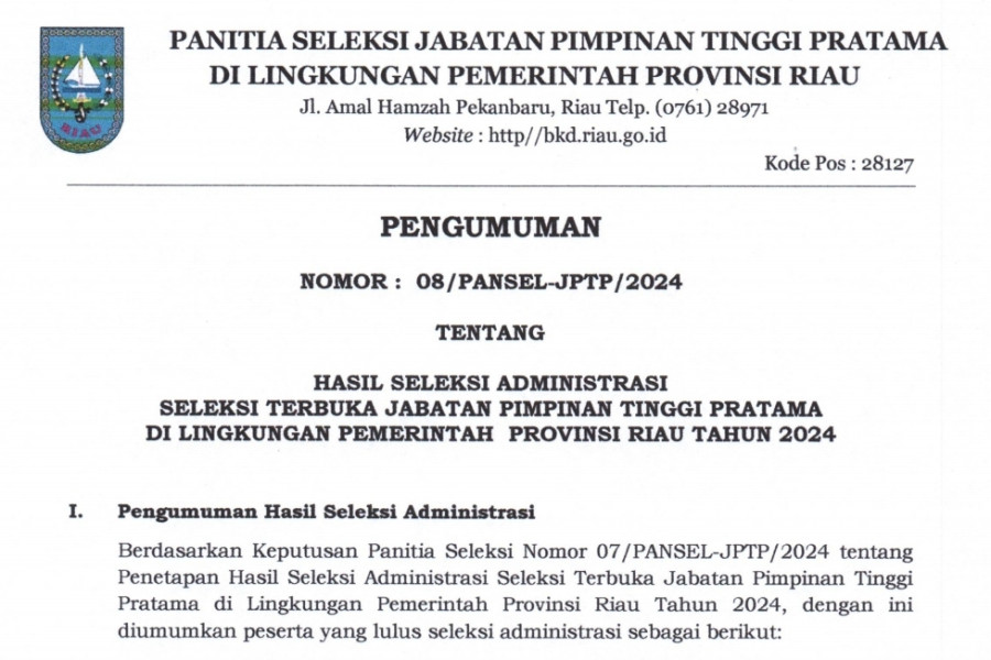 30 Peserta Lulus Seleksi Administrasi Asesmen 4 Jabatan Eselon II Pemprov Riau, Ini Daftar Namanya