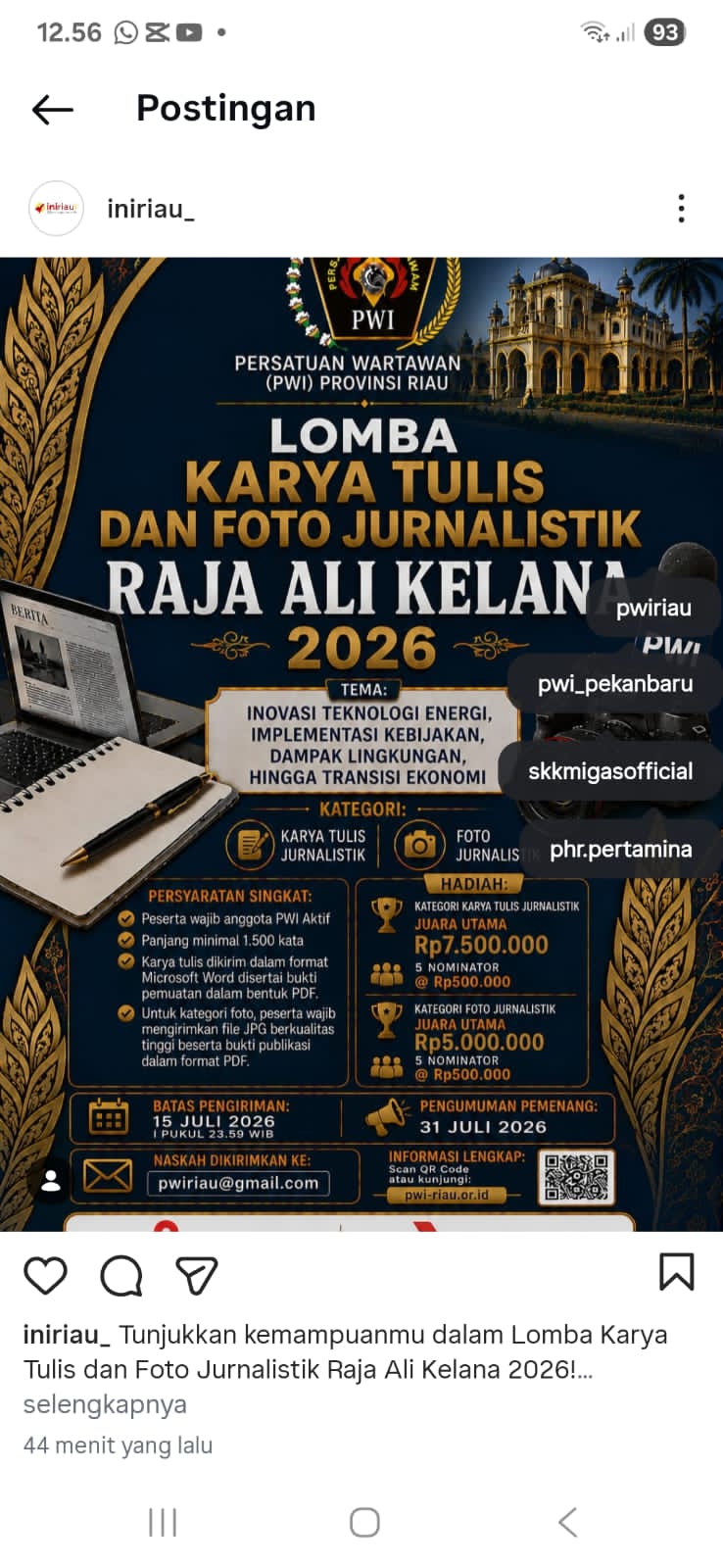 PWI Riau Gelar Anugerah Jurnalistik Ali Kelana, Segera Kirimkan Karya