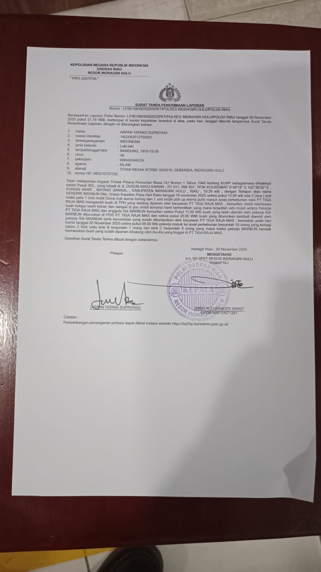 Laporan Tak Ditindak Lanjuti Polres Inhu, Manajemen PT TRM Lapor Ke Ditreskrimum Polda Riau